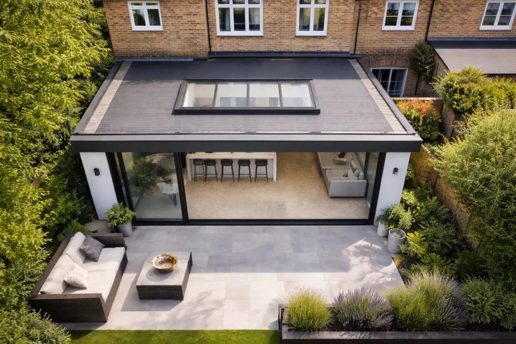 Modern single storey extension with flat roof and rooflight, featuring large sliding glass doors opening onto a landscaped garden and patio area
