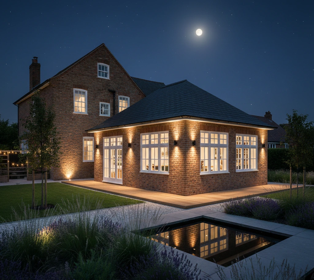 Detached brick annexe building with pitched roof and large white-framed windows, illuminated at night beside a landscaped garden with decking, outdoor lighting, and a reflective water feature.