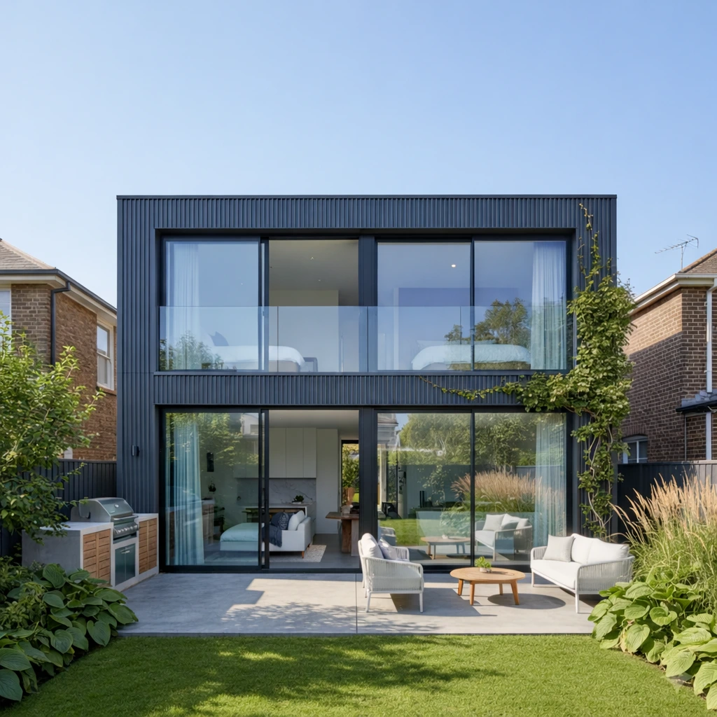 Modern two-storey rear house extension with dark vertical cladding, full-width sliding glass doors, glass balcony, and contemporary garden patio seating.