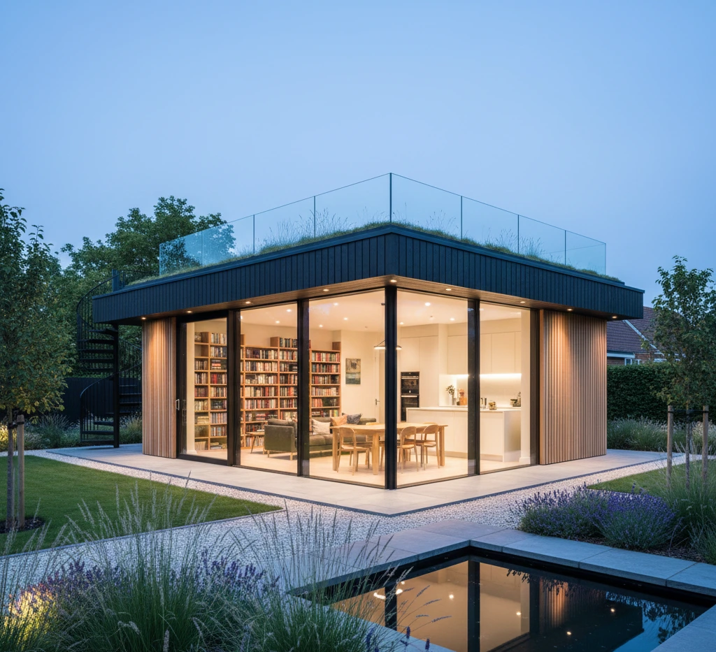 Modern glass-corner garden annexe with flat roof and timber cladding, featuring floor-to-ceiling glazing, open-plan living and kitchen area, rooftop terrace with glass balustrade, and landscaped garden with reflective water feature at dusk.