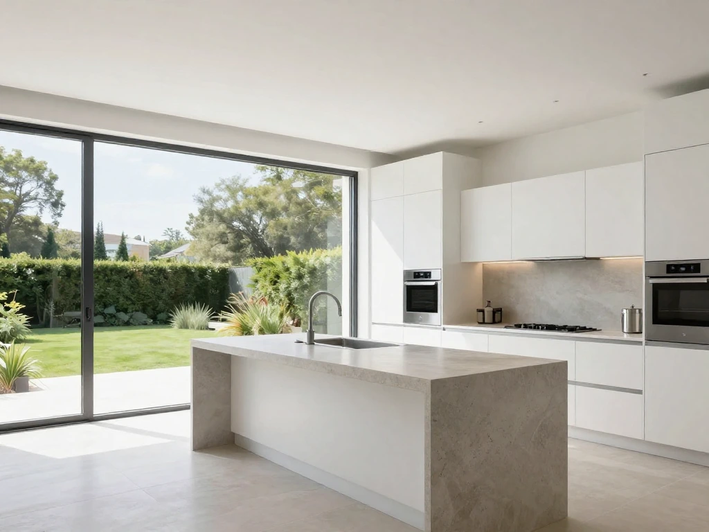 Modern single storey kitchen extension with minimalist white cabinetry, central island and large sliding glass doors opening onto a garden.