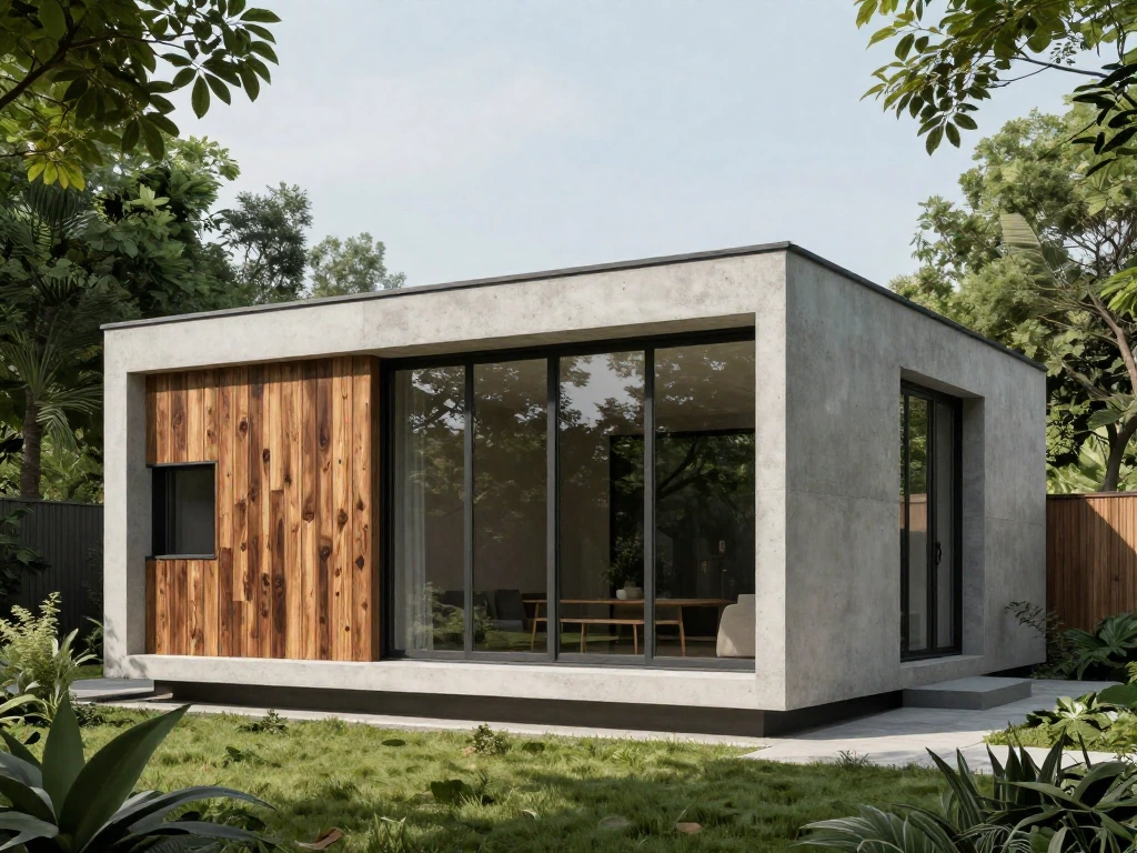 Small modern single storey rear extension with flat roof, large sliding glass doors and timber cladding, typical of contemporary UK home extension design.