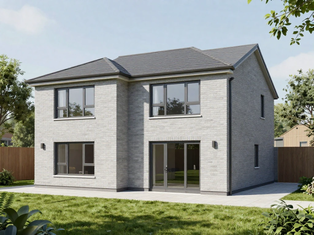 Contemporary two-storey detached home with pale cream rendered exterior walls and a grey slate-effect pitched roof. The symmetrical front facade includes a recessed entrance porch with a black front door, grey-framed windows on both levels, a small front patio area, and is set within a lawn garden enclosed by timber fencing.