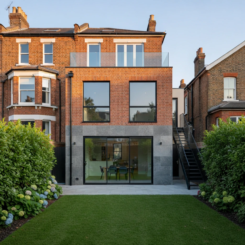 Modern two-storey rear extension to a Victorian red brick house, featuring large black-framed windows, grey stone cladding at ground level, sliding glass doors opening onto a patio, and a landscaped garden with hydrangeas and lawn.