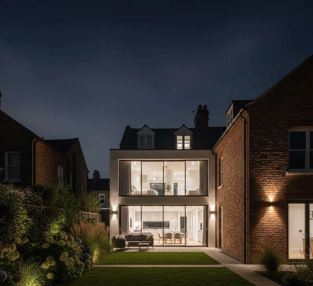 Contemporary two-storey glass rear extension to a brick house at night, featuring floor-to-ceiling glazing, illuminated interior spaces, outdoor seating area, and a landscaped garden with soft lighting.