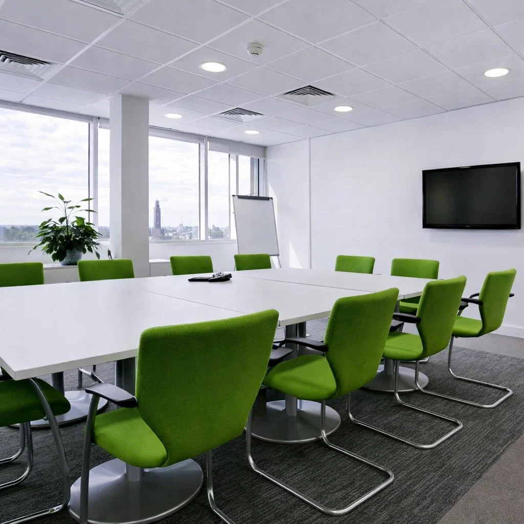 Modern office meeting room with large windows and contemporary interior design, representing commercial architectural services by Nett Assets, architects in Croxley Green.